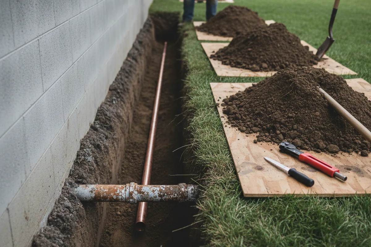Excavated water line trench during Sewer Line Repair in Dumfries